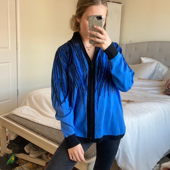 Bob Mackie Tops - 20. bob mackie back and blue feather print zip jacket sweater